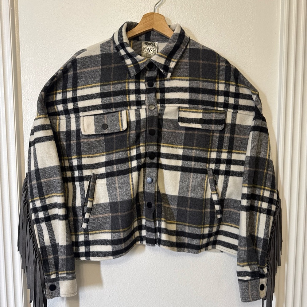 Vocal Plaid Fringe Jacket - Black, White, Gray